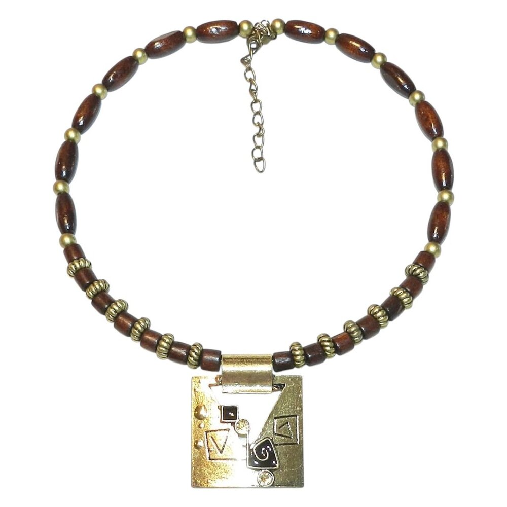 FN248 Wood & Steel Bead Necklace with Gold Pewter Alloy Metal Focal Pendant 15"